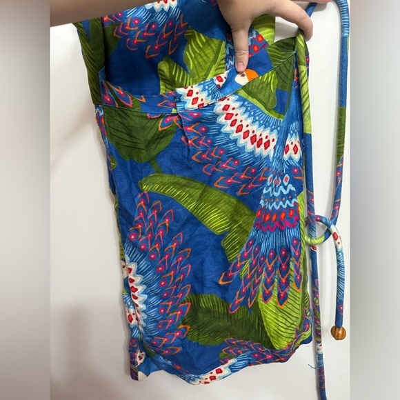 FARM RIO XS Mini Wrap Dress Blue Macaw Print 100% linen Super Cute! - Picture 6 of 10